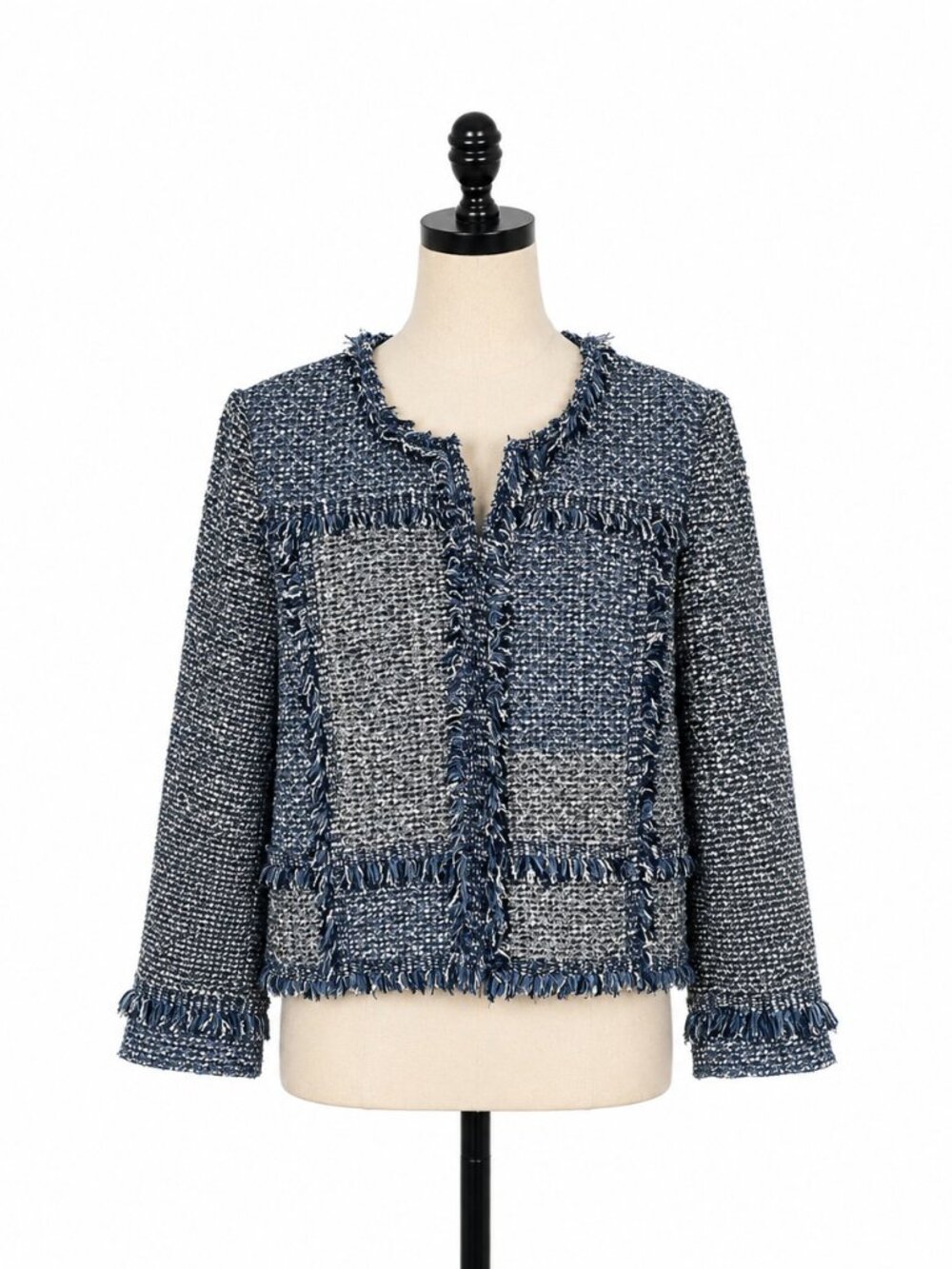 St. John Knit Tweed Fringe Blazer Jacket Blue White Size 14 Made USA